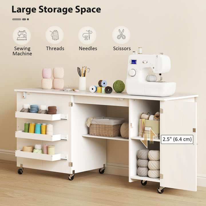 HOMCOM Sewing Machine Table with Drop Leaf, Folding Craft Table with 2 Doors and Adjustable Shelf for Small Spaces, Natural