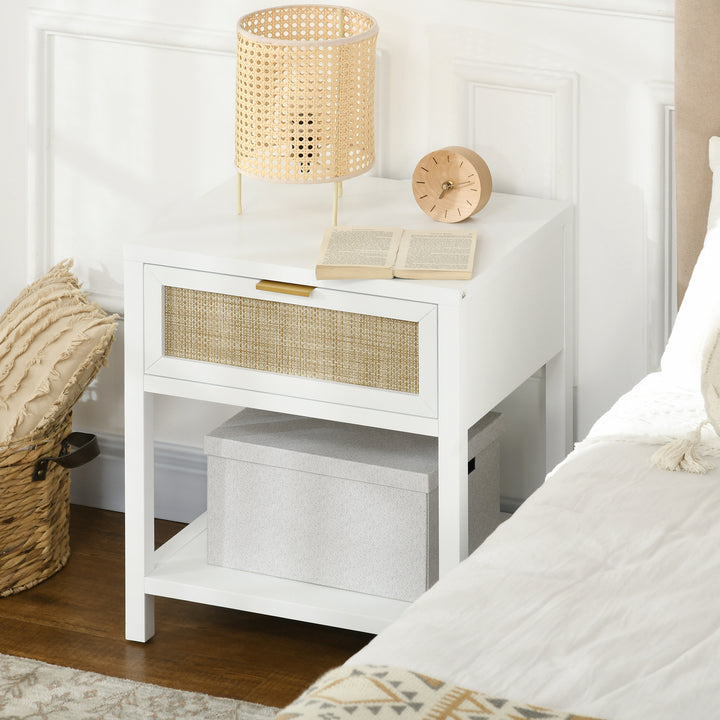 HOMCOM Boho Nightstand, Bedside Table with Rattan Drawer and Open Shelf, Side End Table for Bedroom, Living Room