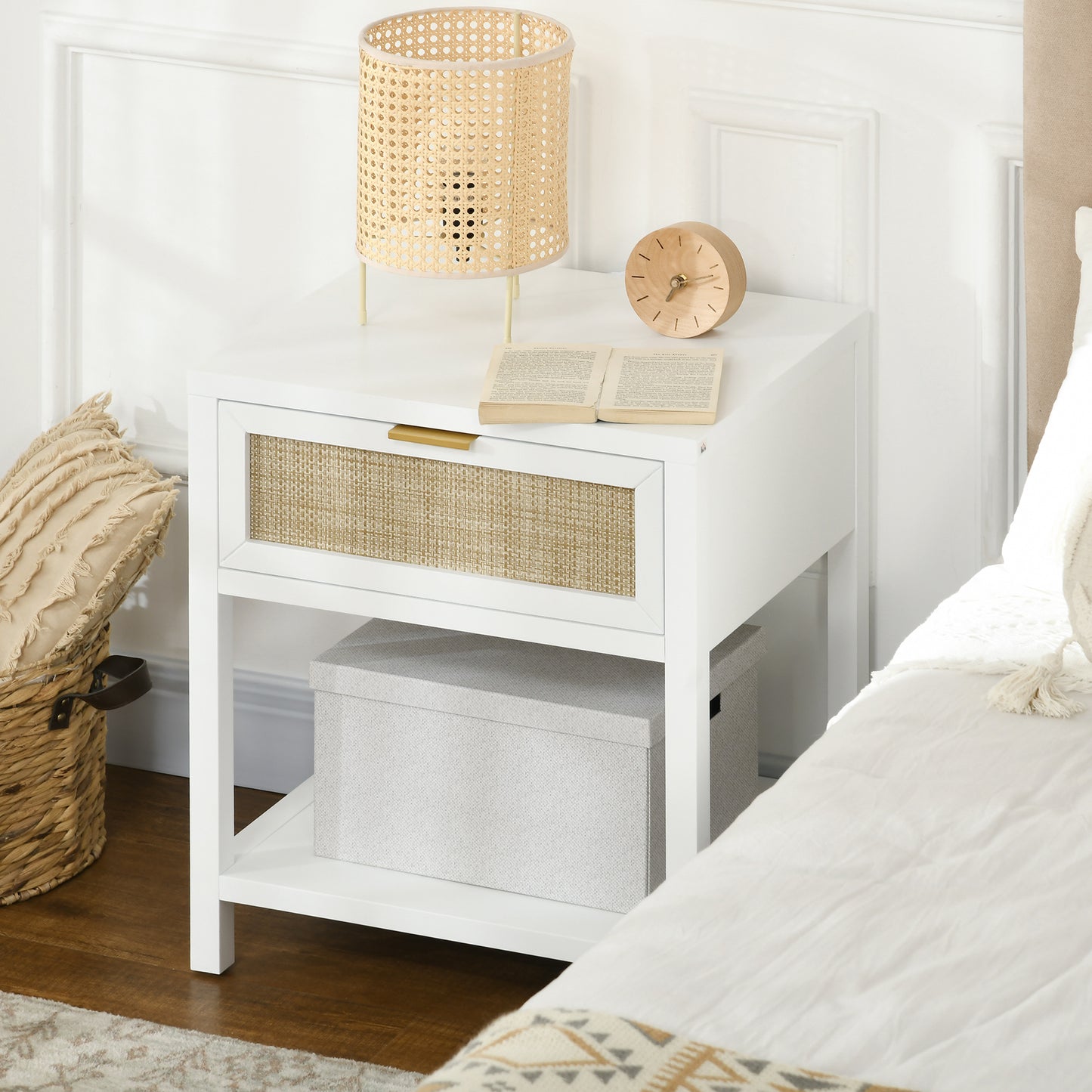 HOMCOM Boho Nightstand, Bedside Table with Rattan Drawer and Open Shelf, Side End Table for Bedroom, Living Room