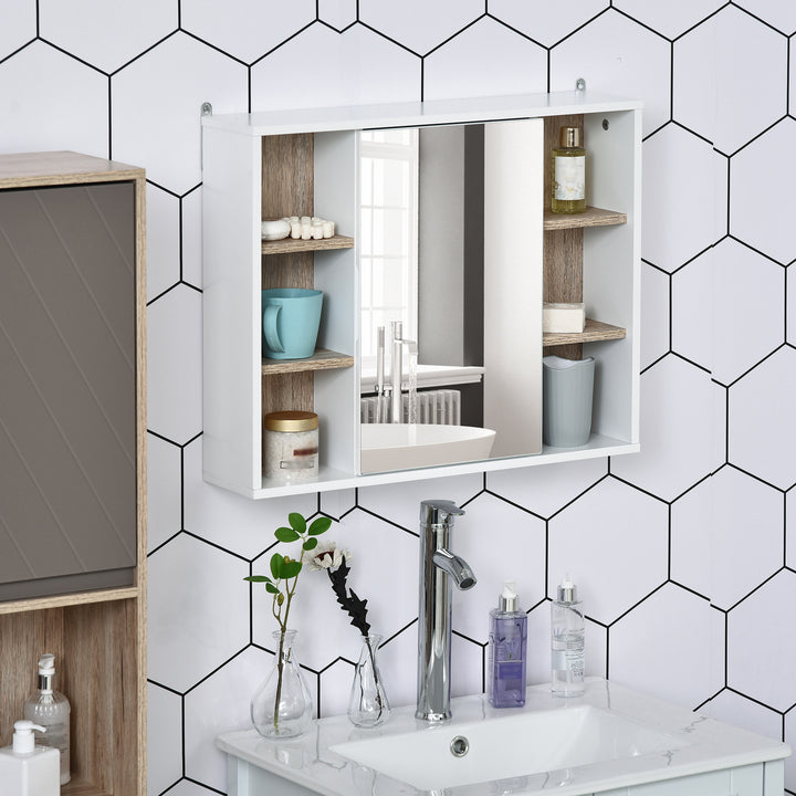 HOMCOM Wall-Mounted Bathroom Medicine Cabinet with Mirror, Over Toilet Bathroom Vanity Cabinet White & Oak