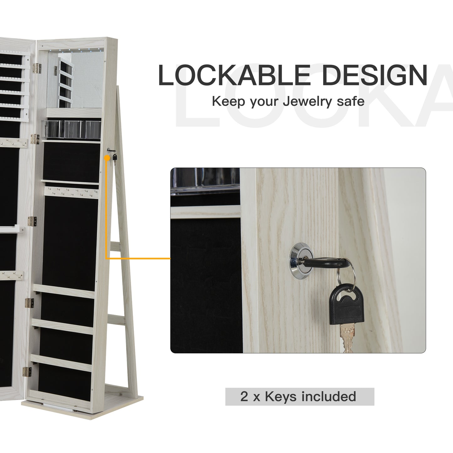 HOMCOM Mirror Jewelry Cabinet Armoire, Lockable Jewelry Organizer with Full-Length Mirror, LED Lights, Standing Jewelry Armoire in White Wood