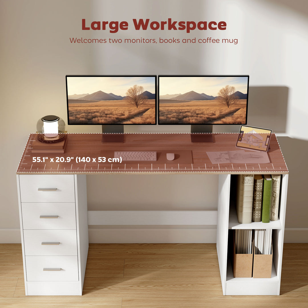 HOMCOM Office Desk, 55" Computer Desk with 4 Reversible Drawers, Mobile PC Stand, Adjustable Shelf, Black Wood Grain
