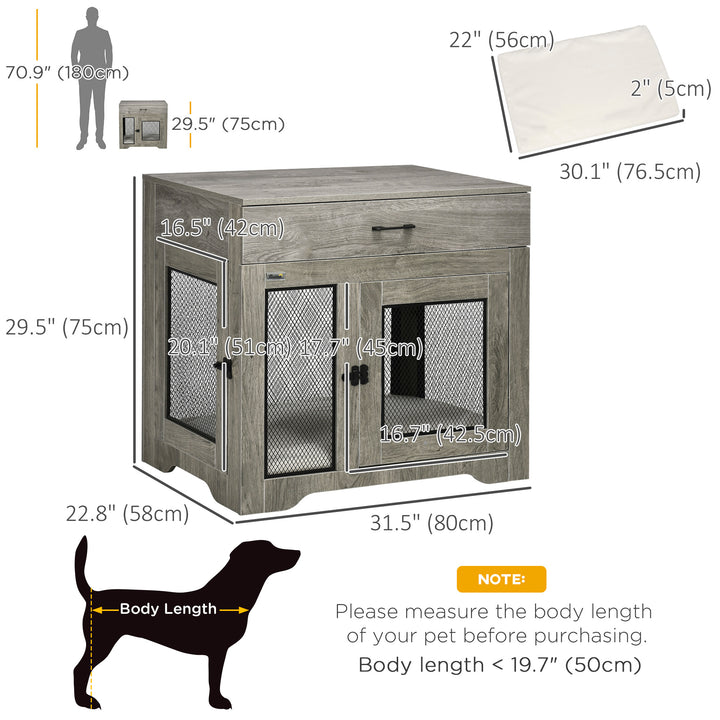 PawHut Dog Crate Furniture with Cushion, 2 Doors, Storage, Dog Kennel End Table for Small Medium Dogs, Grey