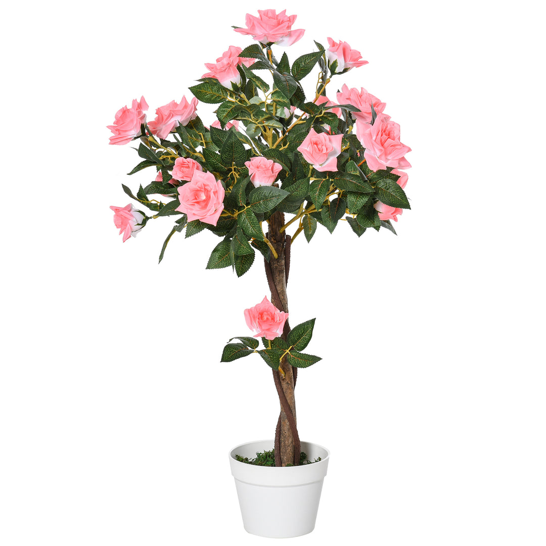 Outsunny 3FT Artificial Plant Pink Rose Floral in Pot, Fake Plant for Home Indoor Decor