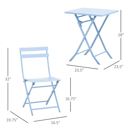 Outsunny 3 Pieces Garden Bistro Coffee Set Foldable Patio Chair & Square Table for Outdoor Yard Porch Poolside Balcony Blue