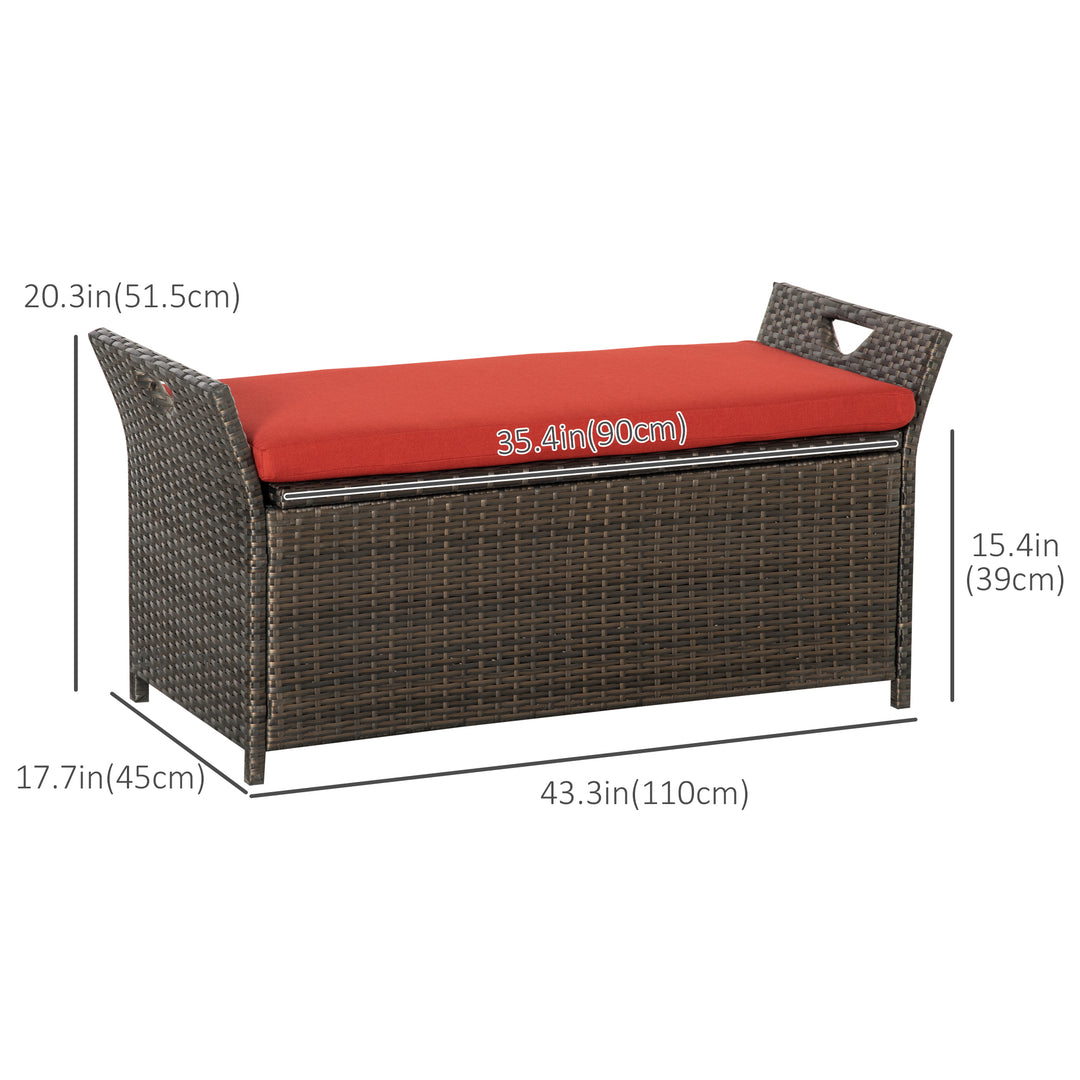 Outsunny 2-In-1 Outdoor PE Rattan Storage Bench, 29 Gallon Patio Wicker Furniture, Basket Box with Handles and Cushion Red