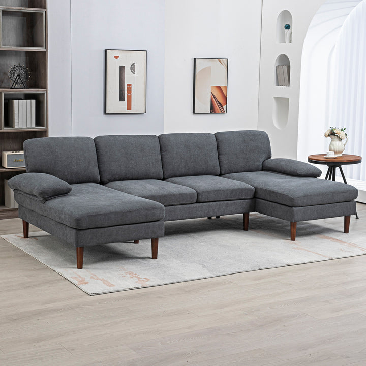 HOMCOM U Shape Couch with Double Chaise Lounge, Modern 4 Seater Sofa with Wooden Legs, Fabric Sofa for Living Room, Dark Grey