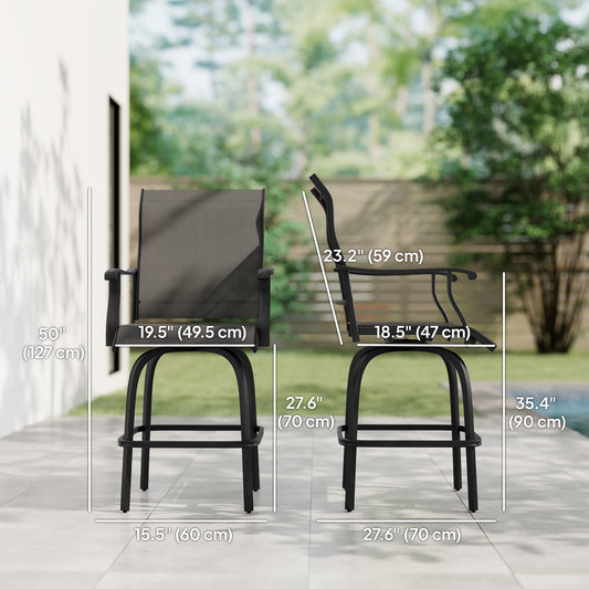 Outsunny Outdoor Bar Stools Set of 2, Swivel Bar Height Chairs with High Back, Curved Armrests and Steel Frame, Black