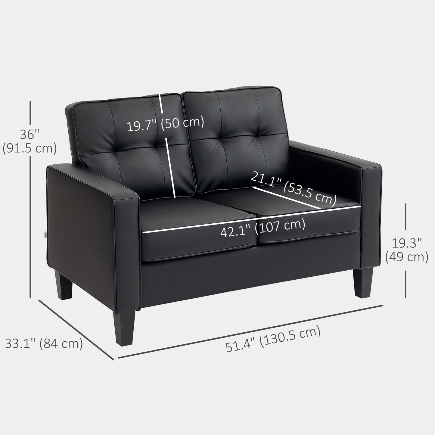 HOMCOM 51" PU Leather Loveseat, Upholstered Double Sofa Couch with Armrests, Tufted Backrest, Pocket Spring and Sponge Padded Cushion for Living Room, Bedroom, Home Office, Brown