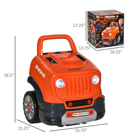 Qaba Kids Truck Engine Toys for Boys Girls 3 4 5 Years Old, Toddlers Construction Educational Repair Car Tool Set with Light and Sound, Orange