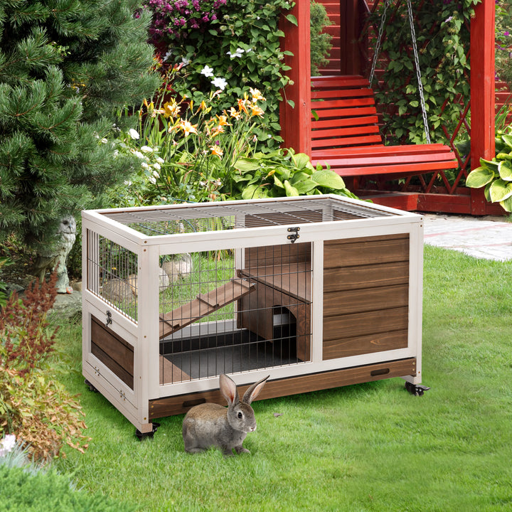 PawHut Wooden Indoor Rabbit Hutch Elevated Bunny Cage Habitat with Enclosed Run with Wheels, Suitable for Rabbits and Guinea Pigs, Grey