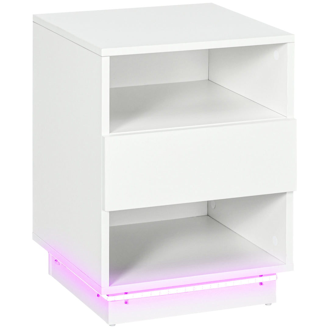 HOMCOM LED Nightstand, Bedside Table with LED Lights, Drawer, 2 Shelves, Remote, Side Table for Living Room, Bedroom