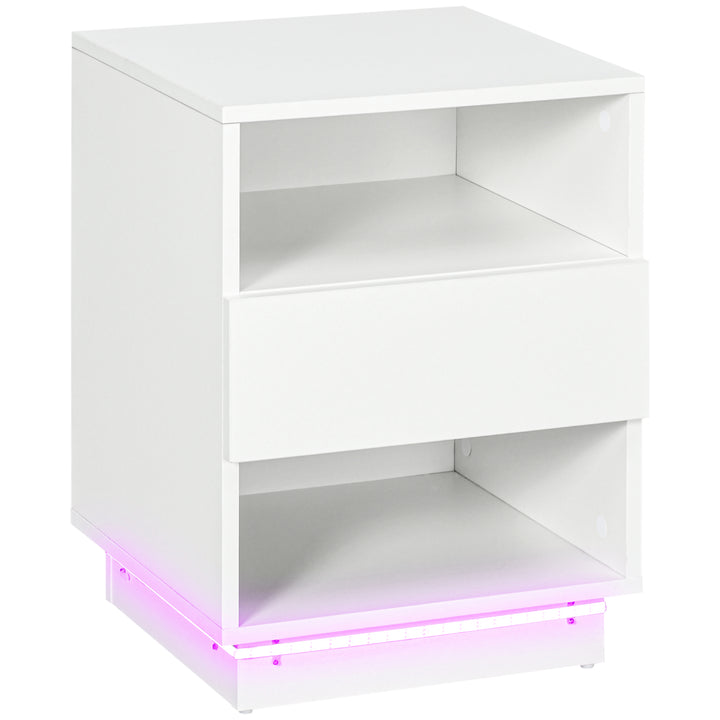 HOMCOM LED Nightstand, Bedside Table with LED Lights, Drawer, 2 Shelves, Remote, Side Table for Living Room, Bedroom