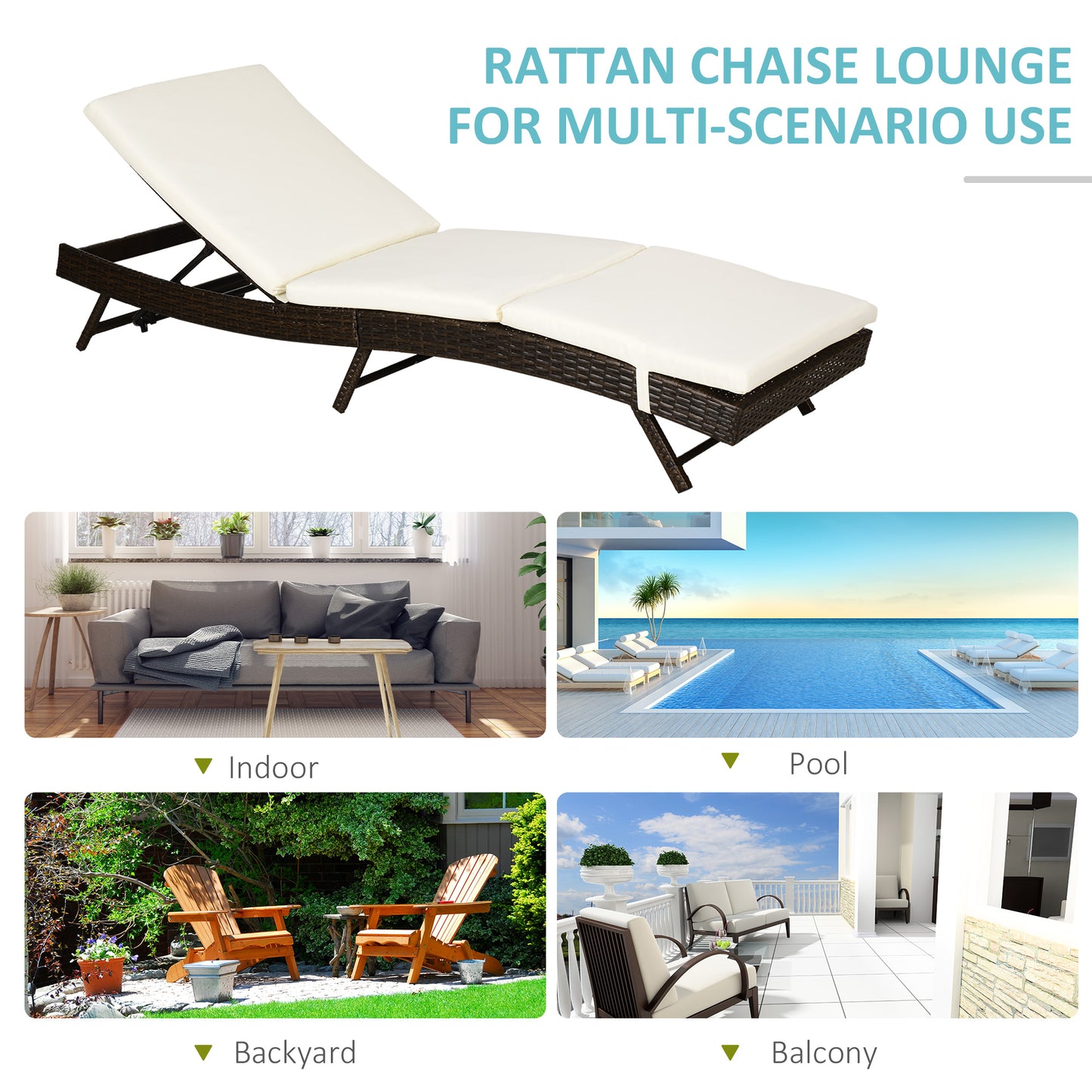 Outsunny Wicker Patio Lounger, Outdoor S Shape Recliners Lounge Chair w/ 5-Level Adjustable Backrest, Soft Padded Cushion for Outdoor Use, Cream White