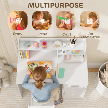 Qaba Kids Desk and Chair Set, Kids Study Table and Chair Set with Storage Hutch, Drawer, Cabinet, Compartments, Cork Board