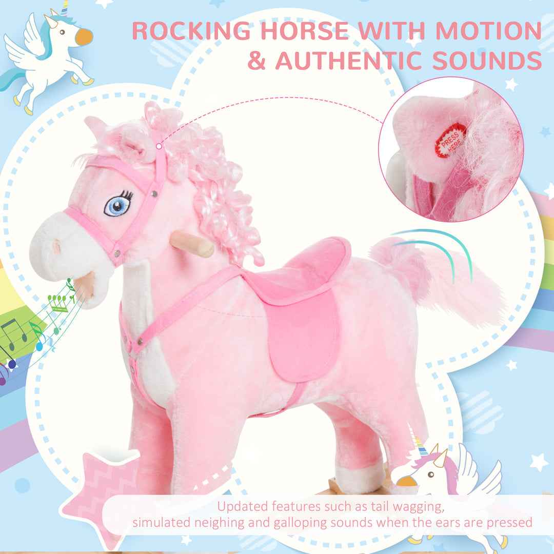 Qaba Kids Plush Rocking Horse Child Ride On Toy Rocker with Realistic Sounds Pink