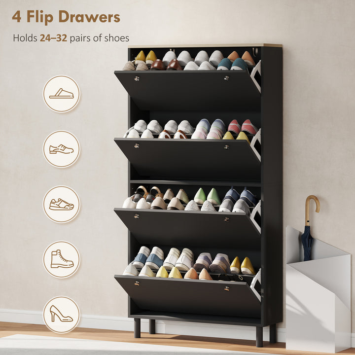 HOMCOM Narrow Shoe Cabinet with 4 Flip Drawers, Shoe Storage Cabinet with Adjustable Shelves, Holds 24–32 Pairs, Black