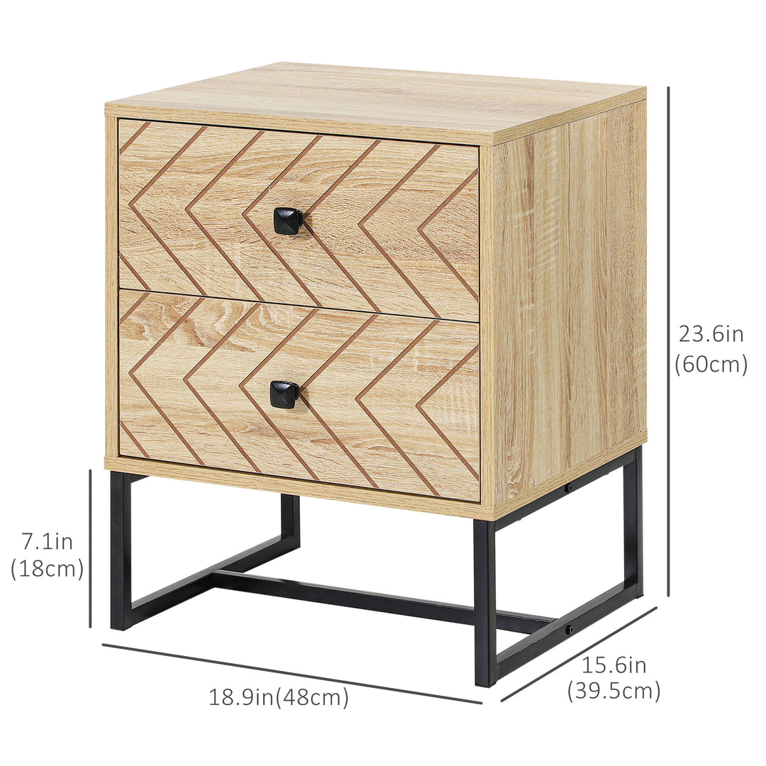 HOMCOM Modern Nightsta, Bedside Table with Drawers, Side End Table with Metal Legs for Bedroom, Zig Zag Design, Natural