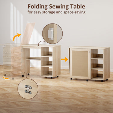 HOMCOM Sewing Machine Table with Drop Leaf, Folding Craft Table Rattan Door and Storage Shelves for Small Spaces, Natural