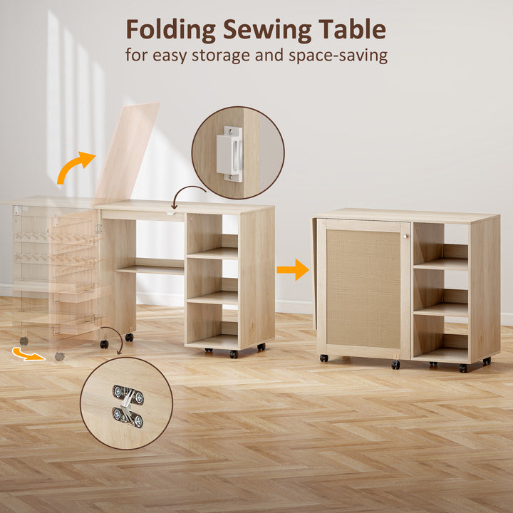 HOMCOM Sewing Machine Table with Drop Leaf, Folding Craft Table Rattan Door and Storage Shelves for Small Spaces, Natural