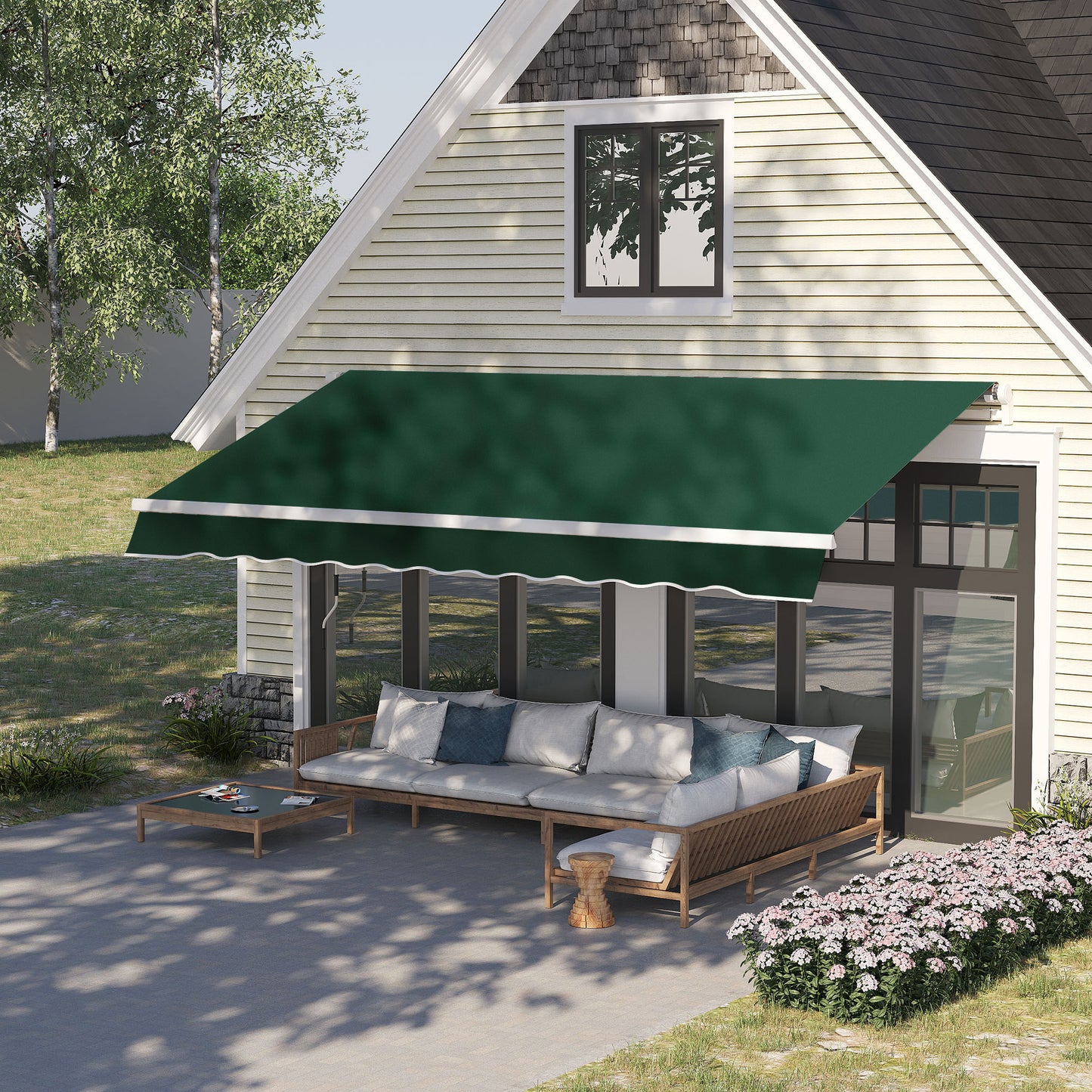 Outsunny 12' x 8' Retractable Awning Patio Awnings Sun Shade Shelter with Manual Crank Handle, UV & Water-Resistant Fabric and Aluminum Frame for Deck Balcony Yard, Green