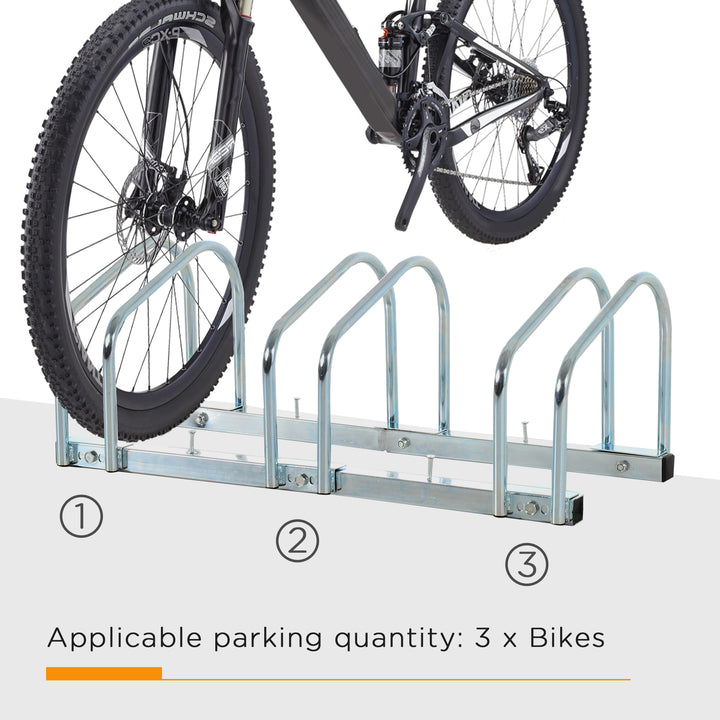 HOMCOM 3-Bike Bicycle Floor Parking Rack Cycling Storage Stand Ground Mount Garage Organizer for Indoor and Outdoor Use Silver