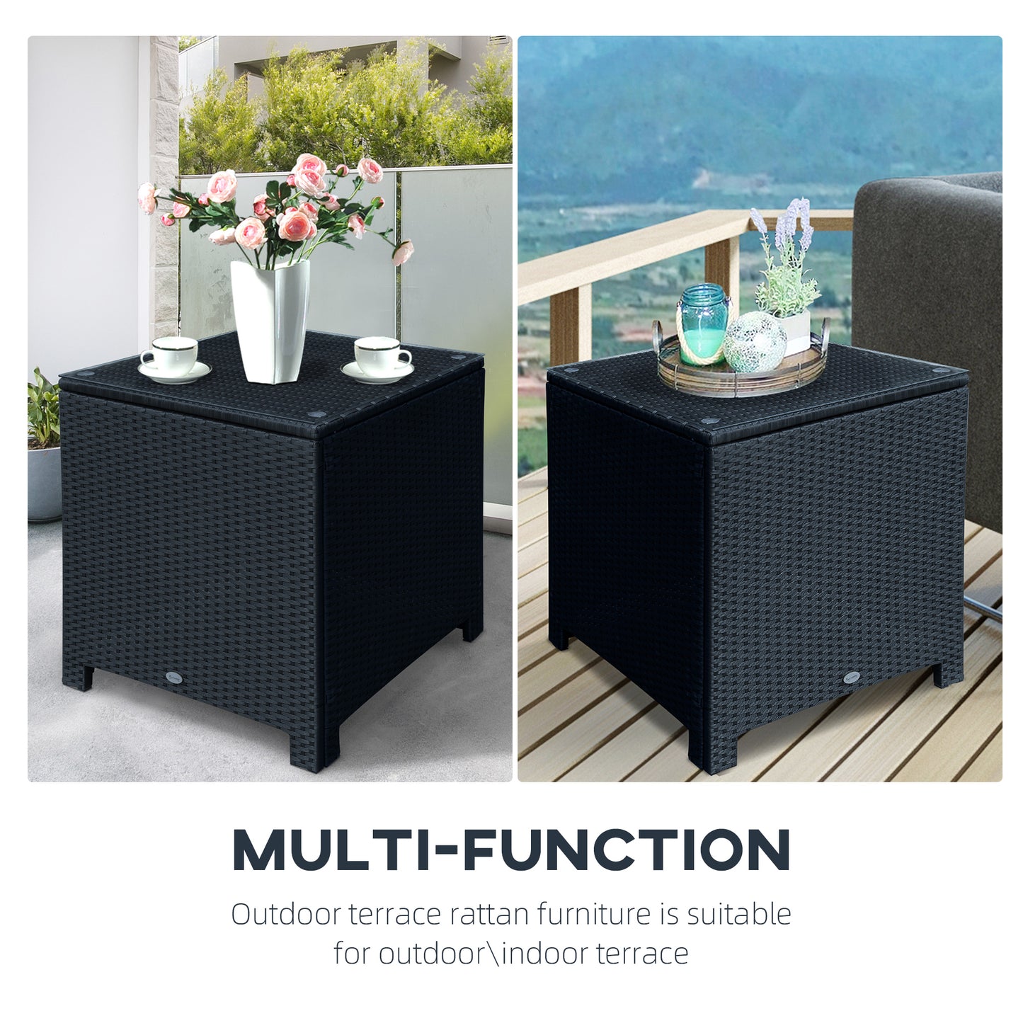 Outsunny Rattan Side Table Wicker Coffee Table with Glass Top Outdoor Patio Furniture For Patio Poolside Garden Lawn, Black