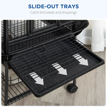 PawHut 61.5 Inch Bird Cage Parakeet House for Cockatiel with Stand, Pull Out Tray, Play Top, Storage Shelf, Wood Perch, Food Container