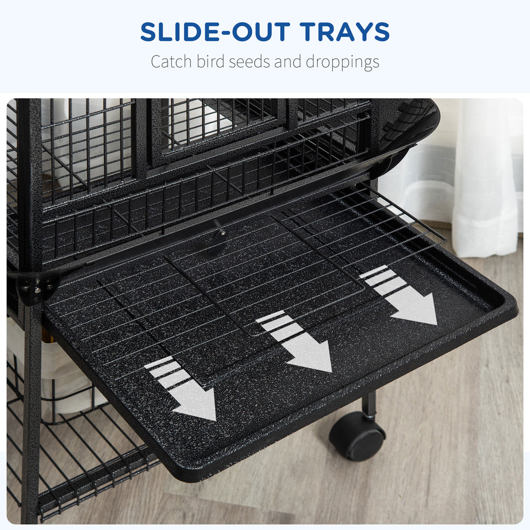 PawHut 61.5 Inch Bird Cage Parakeet House for Cockatiel with Stand, Pull Out Tray, Play Top, Storage Shelf, Wood Perch, Food Container