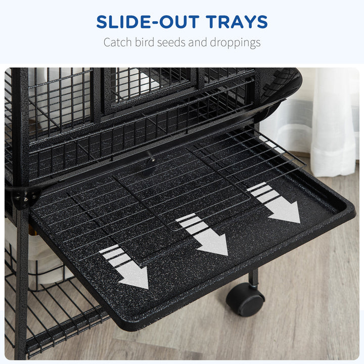 PawHut 61.5 Inch Bird Cage Parakeet House for Cockatiel with Stand, Pull Out Tray, Play Top, Storage Shelf, Wood Perch, Food Container