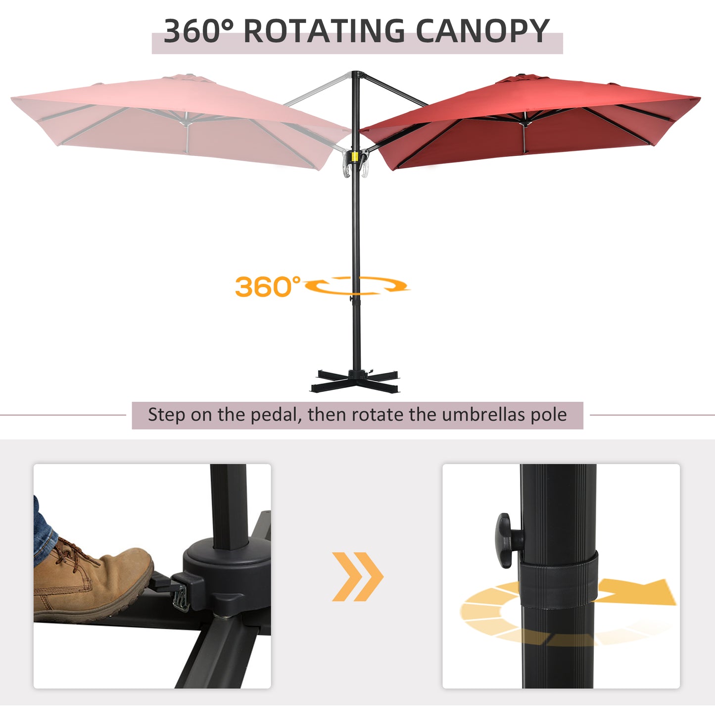 Outsunny 8' x 8' Square Patio Hanging Offset Umbrella with 360Â° Rotation, Aluminum Outdoor Cantilever Parasol with Crank & Tilt, Sun Canopy Shelter with Cross Base, Wine Red