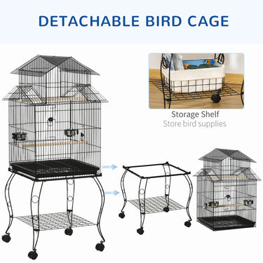 PawHut 53.9'' Large Rolling Steel Bird Cage Bird House with Detachable Rolling Stand, Storage Shelf, Wood Perch, Food Container, Black