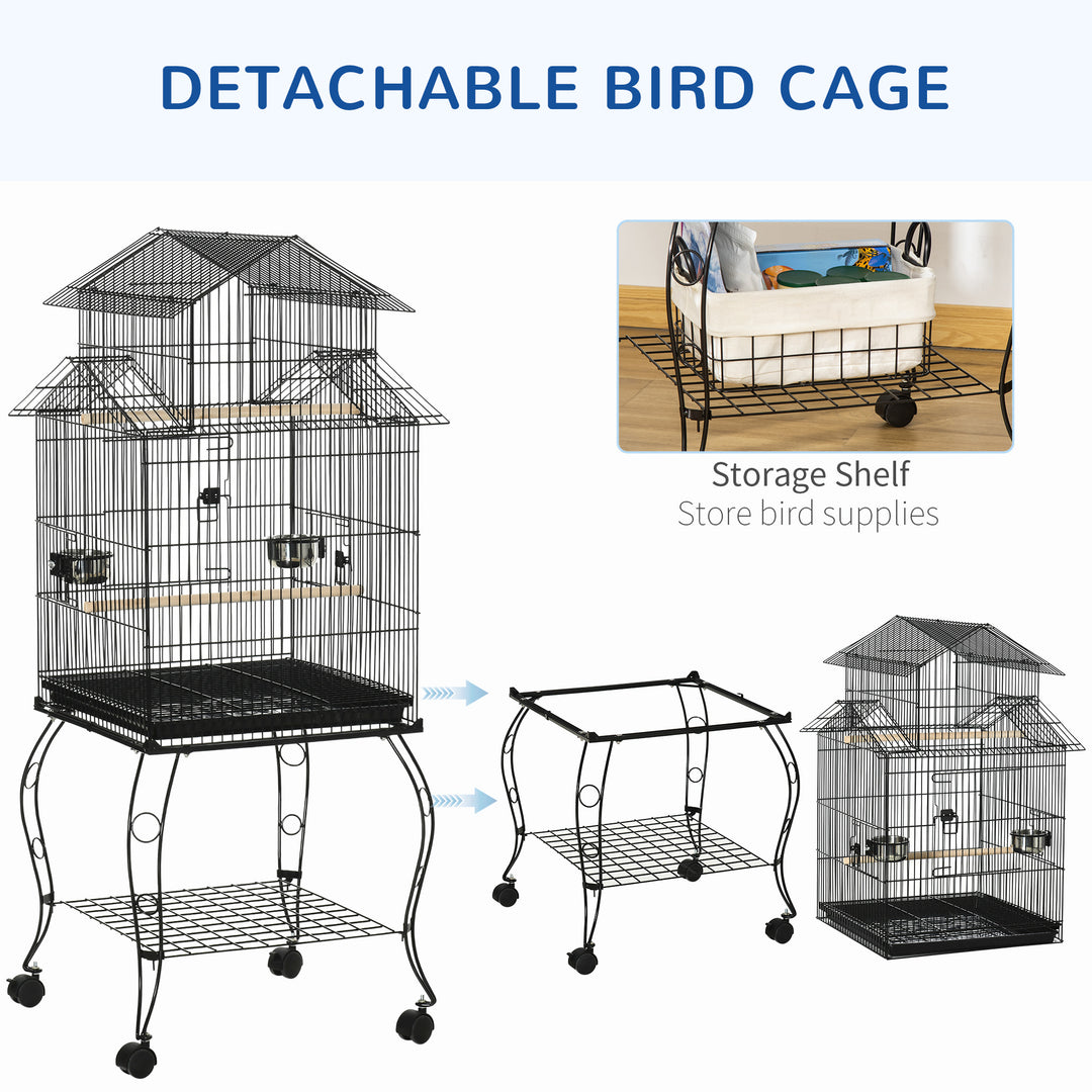 PawHut 53.9'' Large Rolling Steel Bird Cage Bird House with Detachable Rolling Stand, Storage Shelf, Wood Perch, Food Container, Black