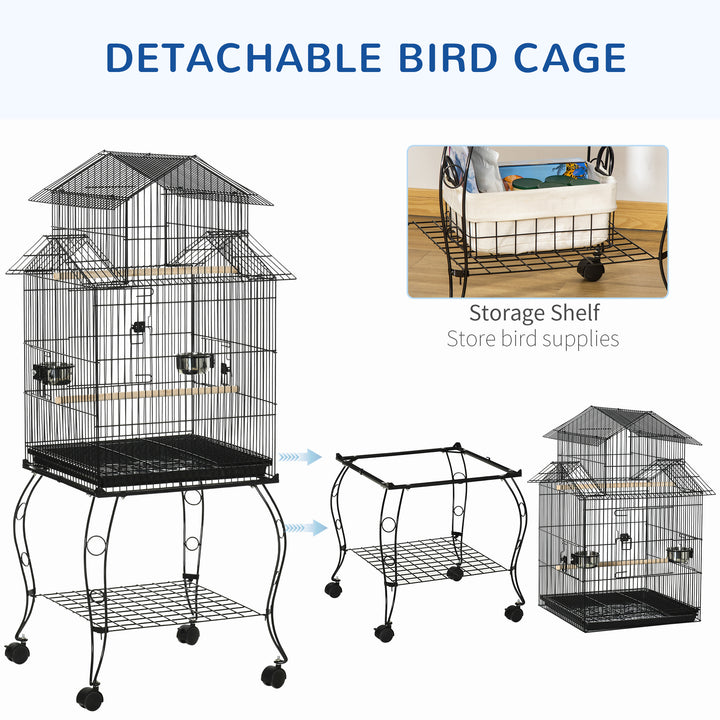 PawHut 53.9'' Large Rolling Steel Bird Cage Bird House with Detachable Rolling Stand, Storage Shelf, Wood Perch, Food Container, Black