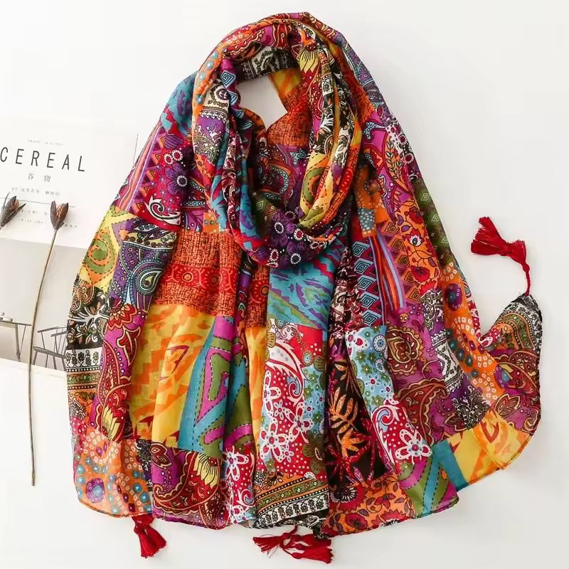 Aarniva Ethnic Jersey Shawl | Long Leaf Print Wrap Scarf | Breathable Quick-Dry Fabric | Sunshade Travel Hijab