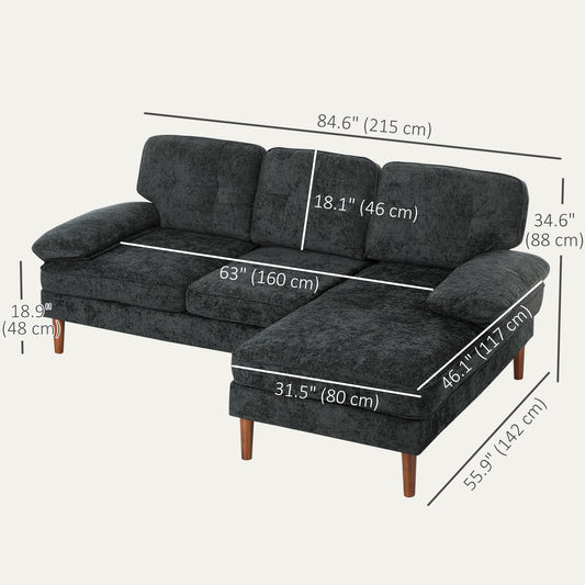HOMCOM Modern Corner Couch with Right Chaise Lounge, Tufted 3-Seater Sofa with Wooden Legs for Living Room, Black