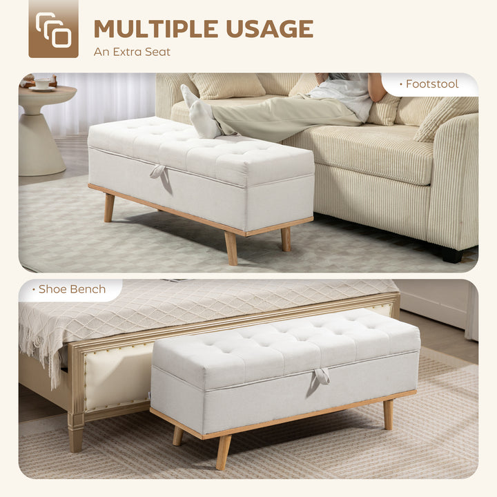 HOMCOM Storage Ottoman Bench, Foot Rest with Lift-Up Lid and Wood Legs, Linen Storage Chest for Living Room, Cream White