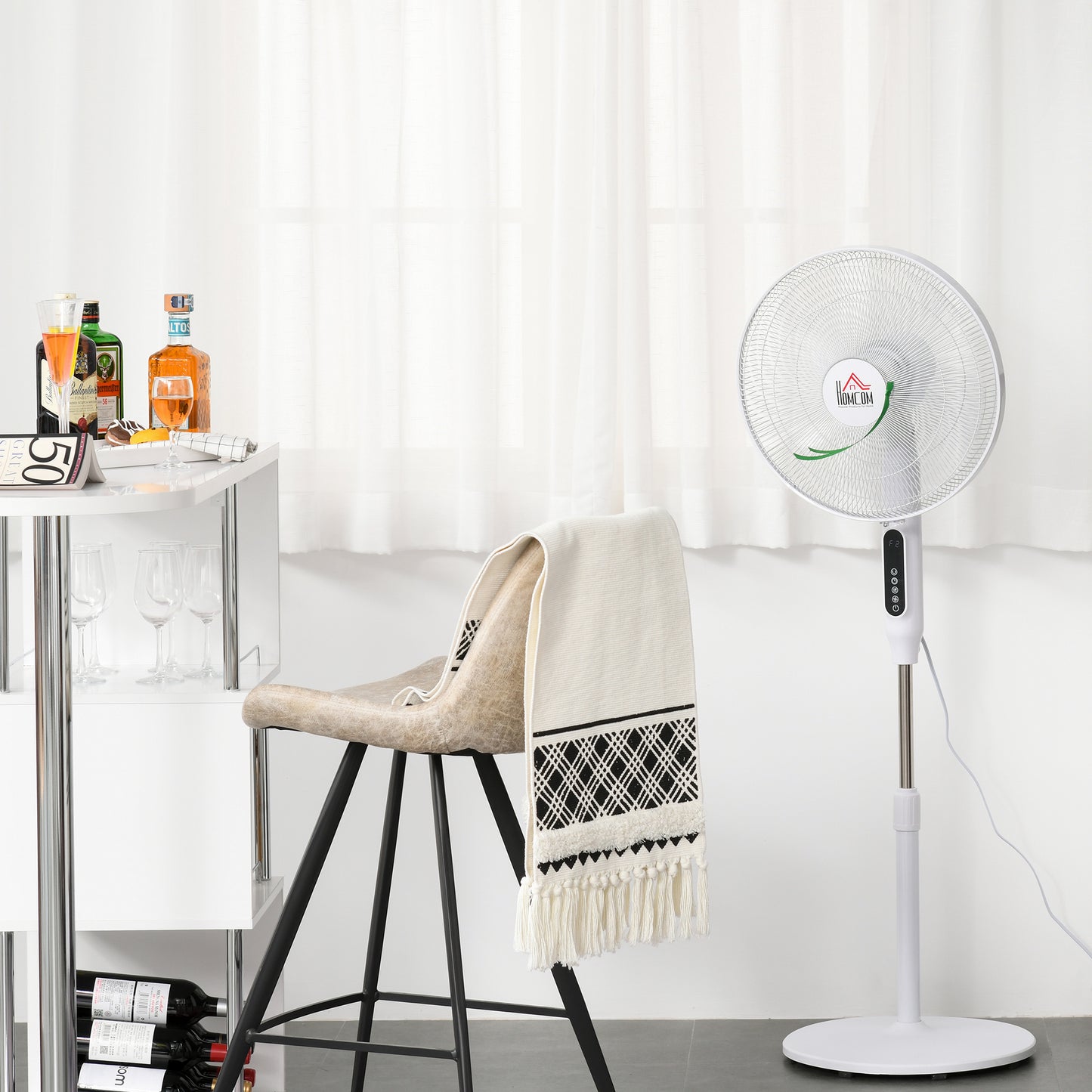 HOMCOM Standing Floor Fan with Remote Control, Stand Up Cooling Fan, Tall Pedestal Electric Fan for Home Bedroom, White