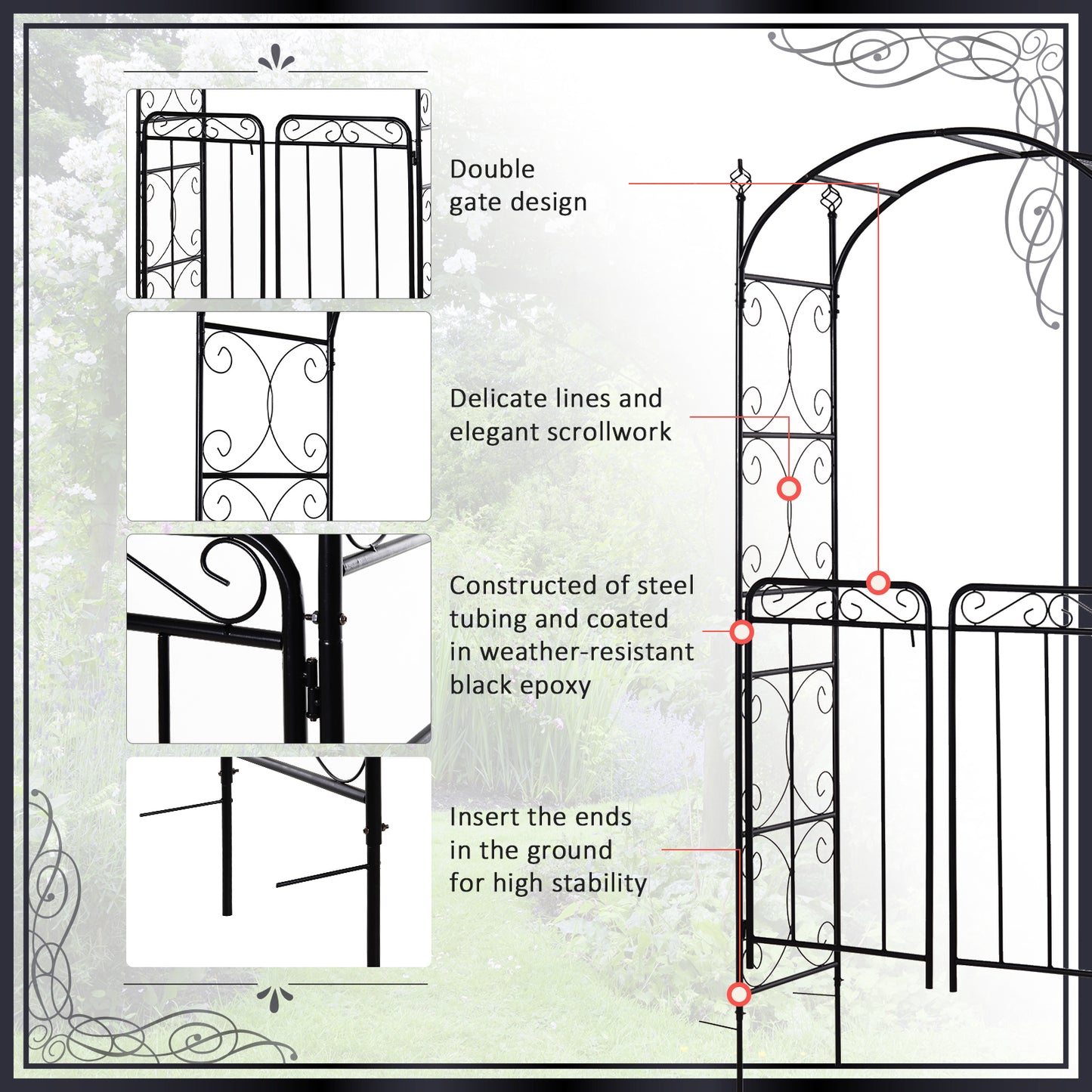 Outsunny 7.2FT Metal Garden Arbor Arch with Double Doors, 2 Side Planter Baskets, Climbing Vine Frame, Black