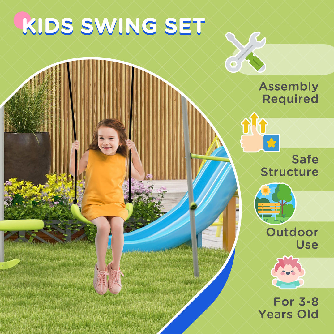 Outsunny Swing Set for Kids, Heavy Duty A-Frame Metal Swing Frame with Glider, Swing Seat, Ground Stakes for Backyard, Green