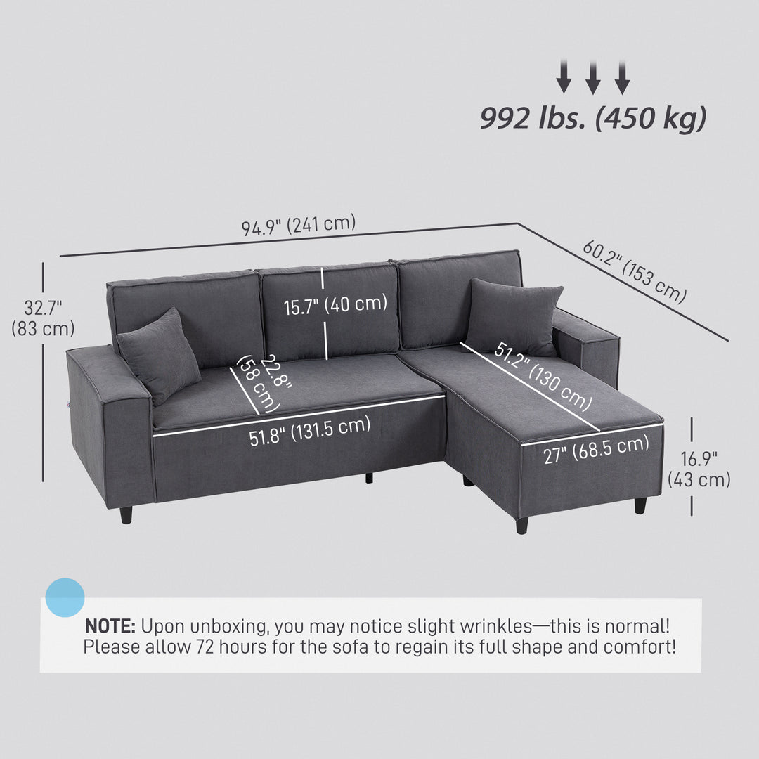 HOMCOM U Shape Couch with Double Chaise Lounge, Modern 4 Seater Sofa with Wooden Legs, Fabric Sofa for Living Room, Dark Grey