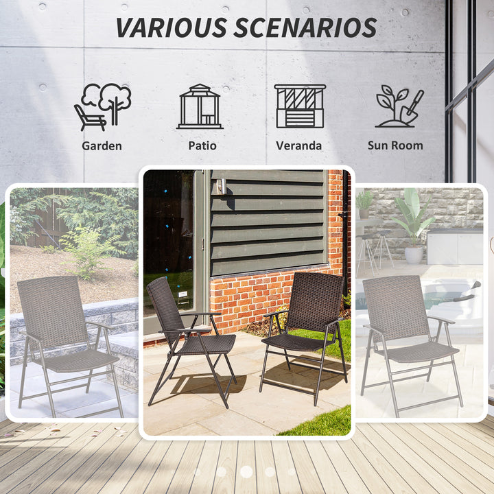 Outsunny Outdoor Wicker Dining Chair Set of 2, 2 Pieces Rattan Foldable Chair with Steel Frame for Garden, Backyard, Porch, Brown