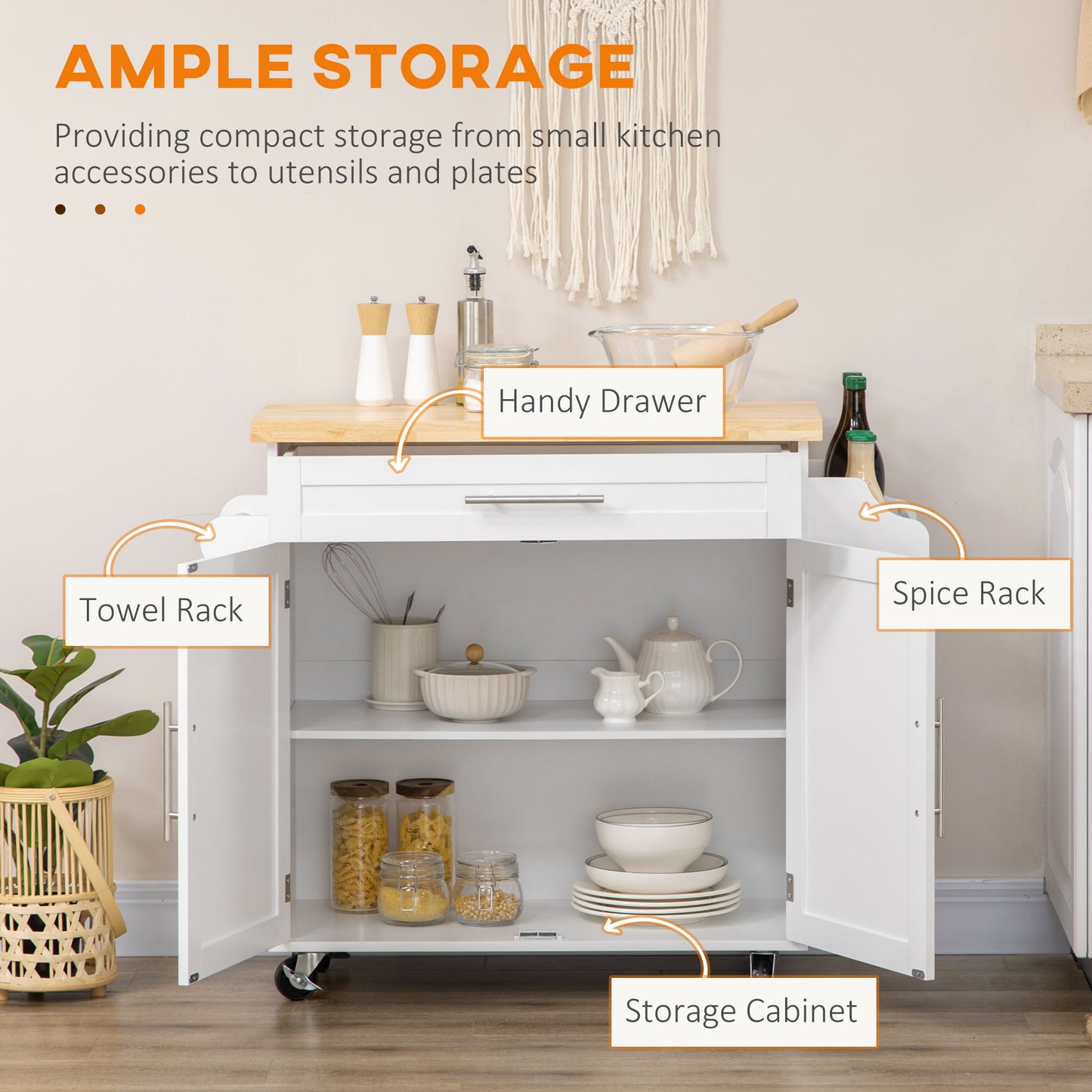 HOMCOM Kitchen Island with Storage, Rolling Cart Trolley with Rubberwood Top, Adjustable Shelf, Drawer, Spice Rack, White