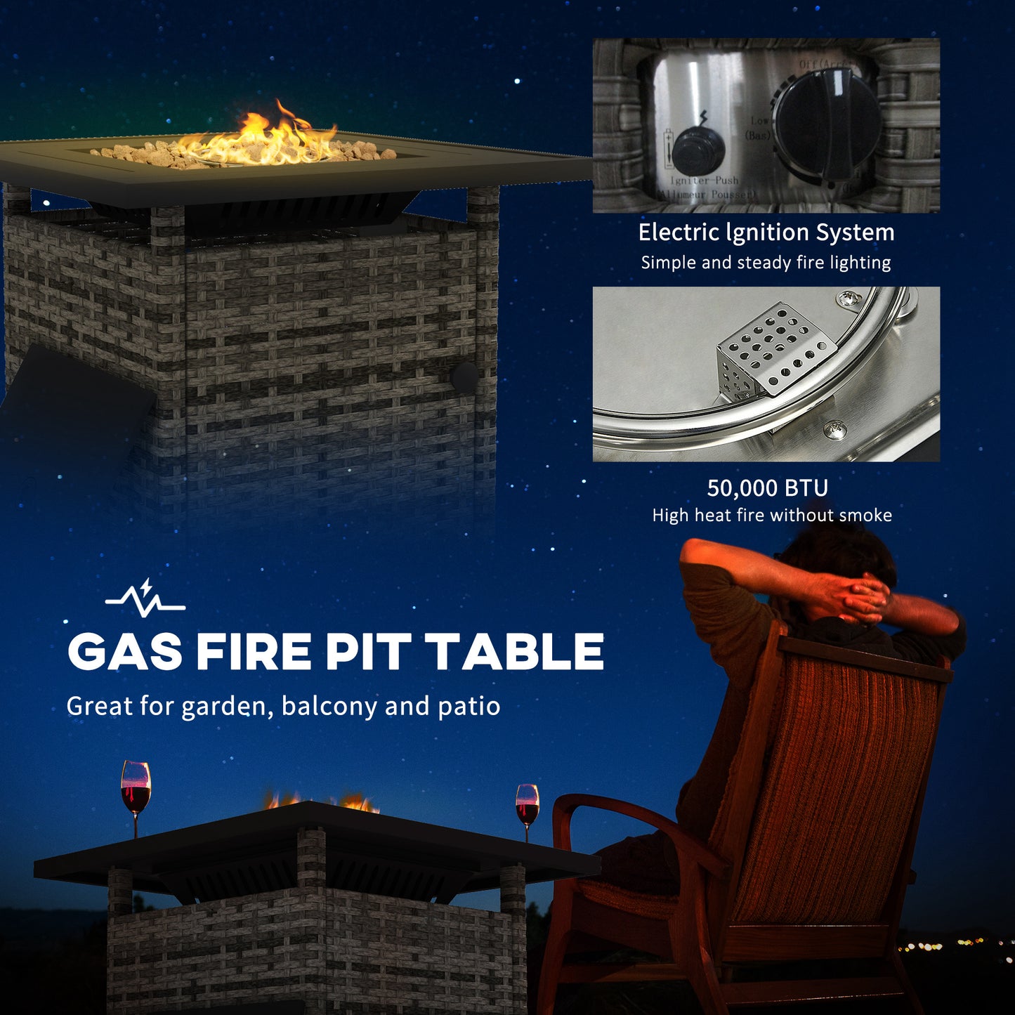 Outsunny Outdoor PE Rattan Propane Fire Pit Table, 50,000 BTU Pulse-Ignition Wicker Fire Table, Mixed Grey