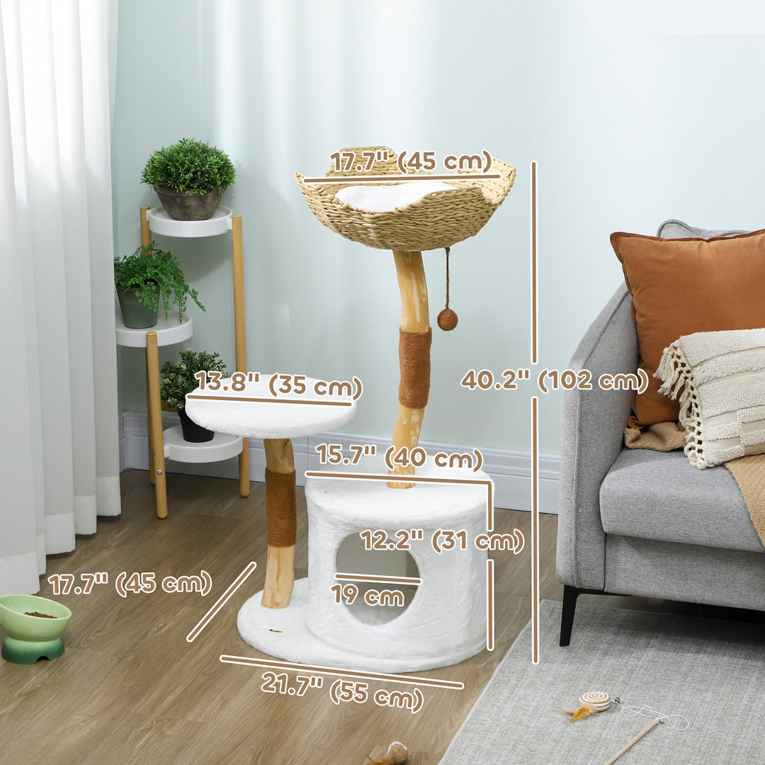 PawHut 40" Real Wood Cat Tree, Cat Tower for Indoor Large Adult Cats with Scratching Posts, Condo, Perch, Washable Cushion,