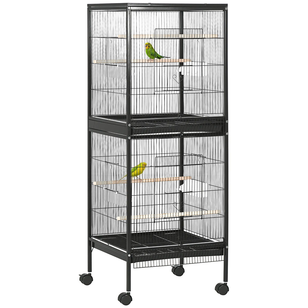 PawHut 55.1" 2 In 1 Bird Cage Aviary Parakeet House for finches, budgies with Wheels, Slide-out Trays, Wood Perch, Food Containers, Light Blue