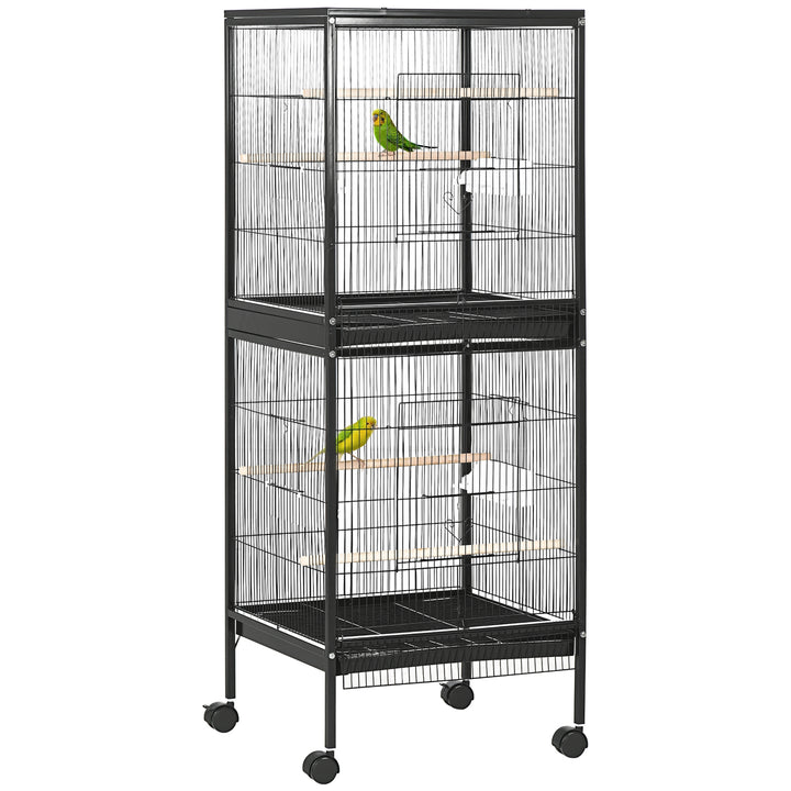 PawHut 55.1" 2 In 1 Bird Cage Aviary Parakeet House for finches, budgies with Wheels, Slide-out Trays, Wood Perch, Food Containers, Light Blue