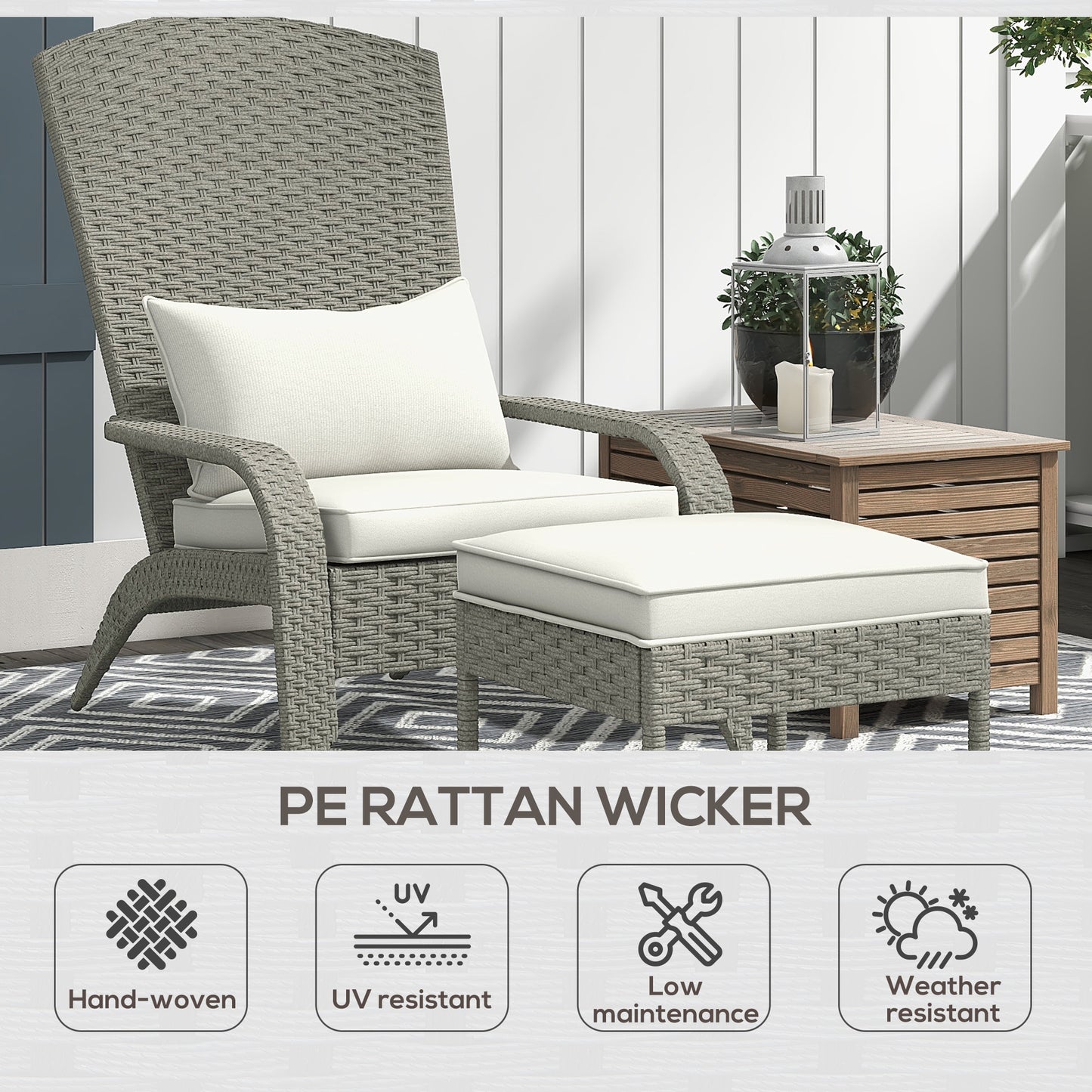 Outsunny Wicker Adirondack Chair with Ottoman, Patio Cushioned Muskoka Chair, Outdoor Fire Pit Chair with High-back and Armrests, for Deck, Garden, Backyard, Grey/Cream White