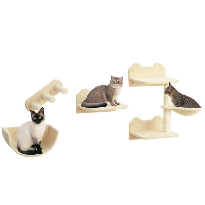 PawHut Cat Wall Shelves, 3PCs Cat Shelves with Hammock, Scratching Post, 3 Steps, Jumping Platforms, Wall Mounted Cat Climber, Beige