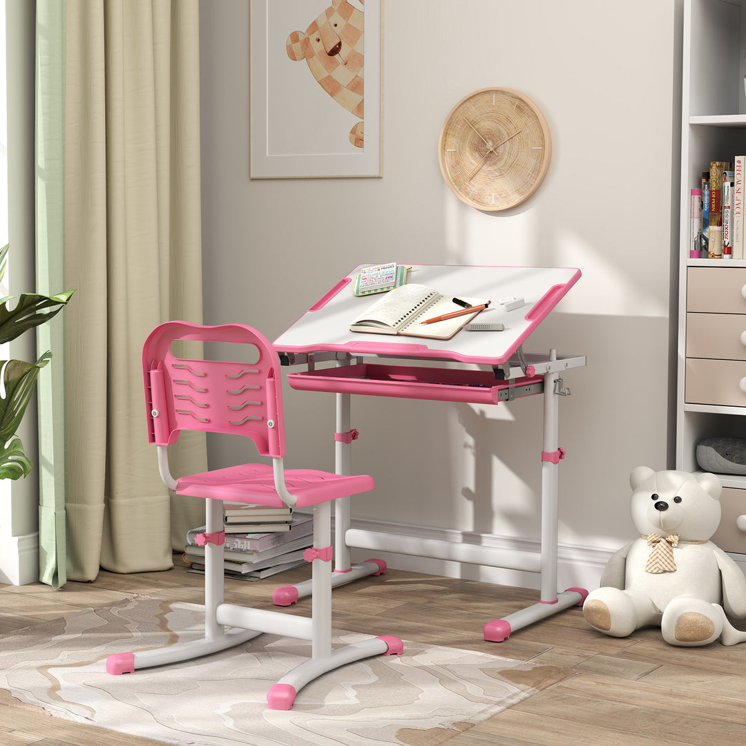 Qaba Height Adjustable Study Table and Chair Set with Drawer, Pen Slot, Tiltable Desktop, Hook, Pink